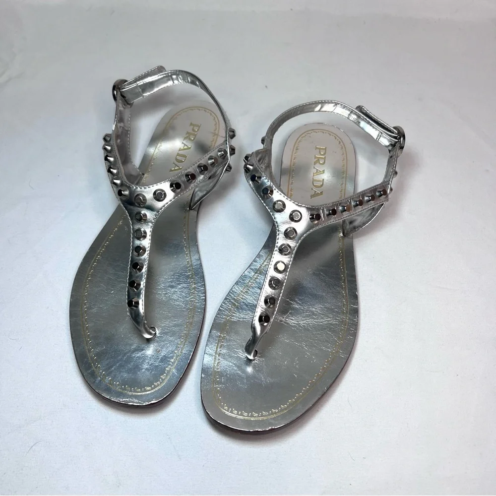 Prada silver metallic Calzature Donna capri studded T strap sandals - Picture 13 of 15